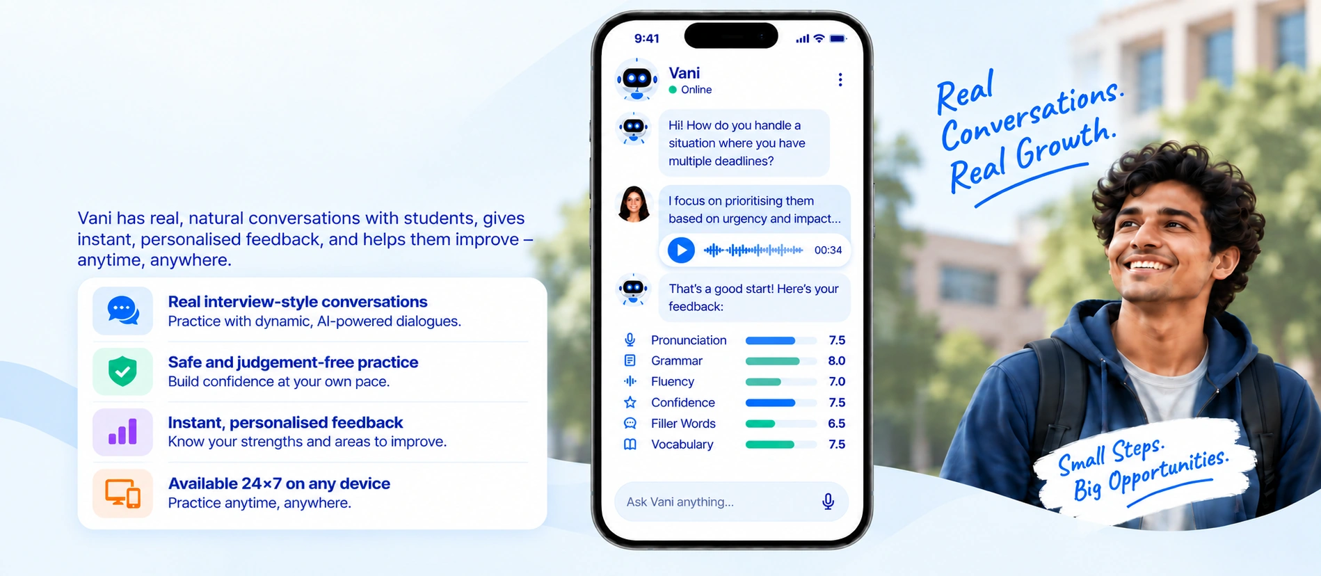 A Vani practice conversation on a phone, with scores for six skills, beside a smiling student